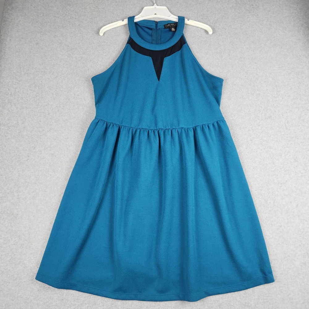 Forever 21 Babydoll Dress Womens XL Teal Blue Halter Textured Skater Back Zip